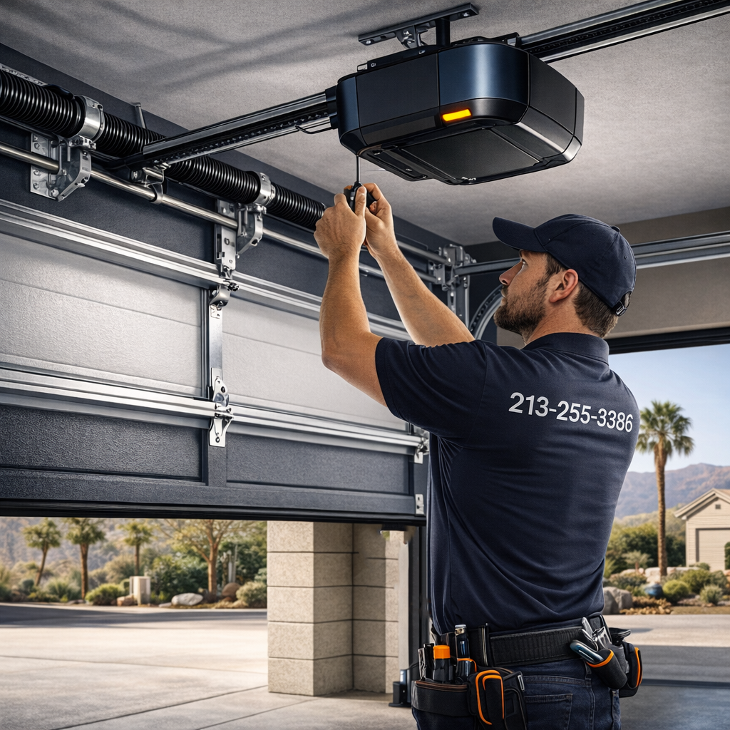 garage door technician installing opener with phone number on shirt